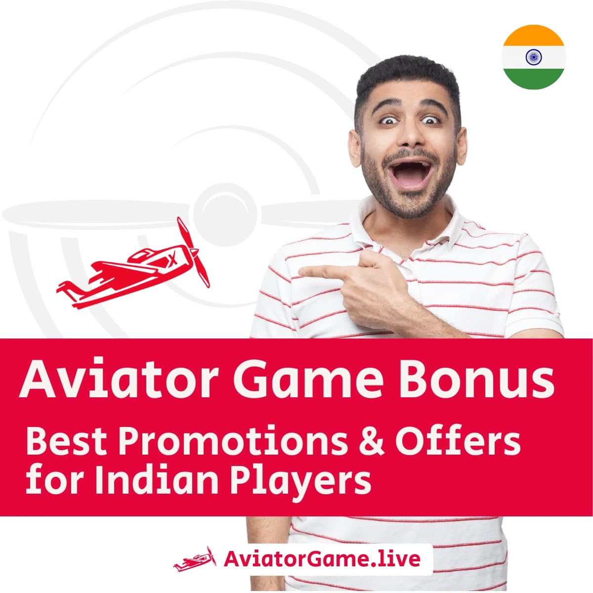 Excited man pointing at airplane graphic with text about Aviator game bonus promotions and offers for Indian players